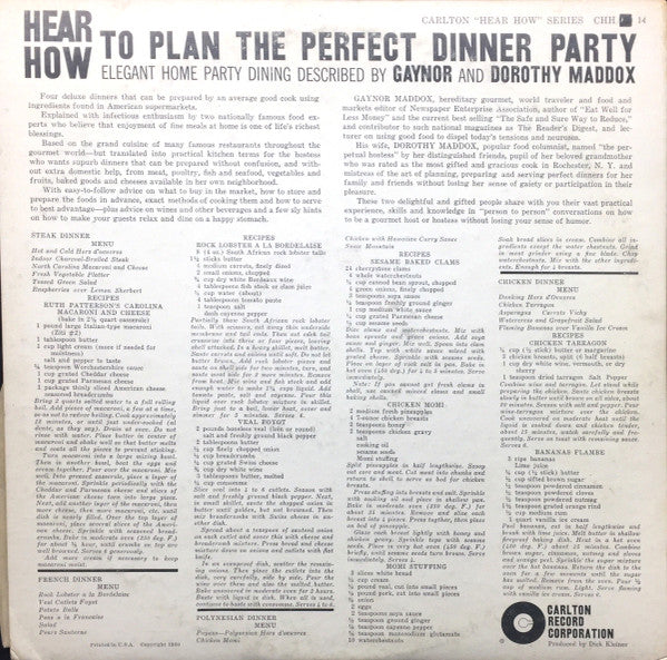 Maddox, Gaynor And Dorothy – Hear How To Plan The Perfect Dinner Par- S/T - Used LP