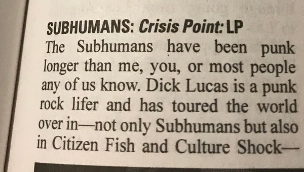 Subhumans - Crisis Point - New LP